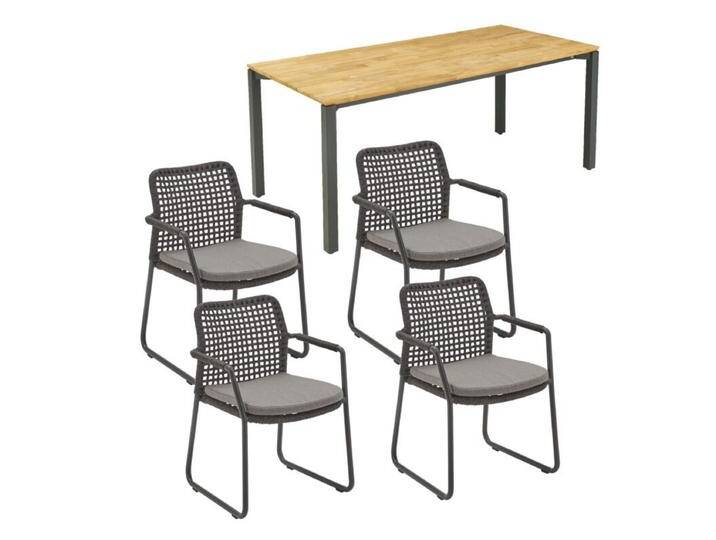 CASA DOMA Campana/Fasano Gartenmöbel-Set mit Tisch Teak 160×90 cm und Rope-Gartenstuhl, 5-teilig - Gestelle anthrazit Rope anthrazit – Quadro Kissen medium grey von gartenmoebel-company