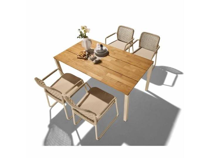 CASA DOMA Campana/Fasano Gartenmöbel-Set mit Tisch Teak 160×90 cm und Rope-Gartenstuhl, 5-teilig - Gestelle cream Rope fossil – Quadro Kissen beige von gartenmoebel-company