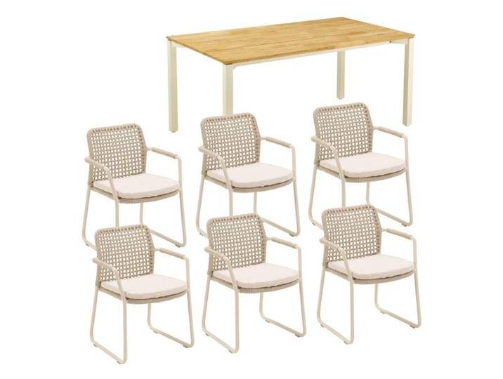 CASA DOMA Campana/Fasano Gartenmöbel-Set mit Tisch Teak 210×100 cm und Rope-Gartenstuhl, 7-teilig - Gestelle cream Rope fossil – Quadro Kissen beige von gartenmoebel-company