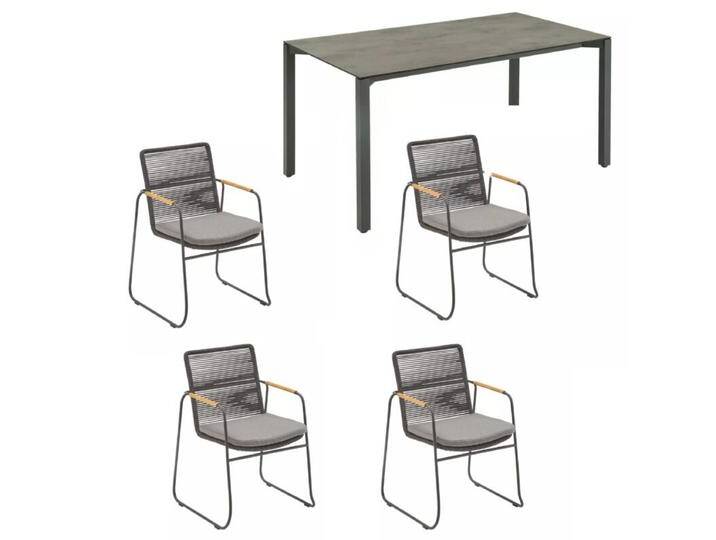 CASA DOMA Campana/Solano Gartenmöbel-Set mit Tisch HPL 160x90 cm und Rope-Stapelstuhl, 5-teilig - Sitz Rope anthrazit Armlehnen Teakholz von gartenmoebel-company