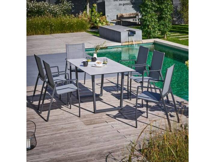 CASA DOMA Mineo/Falerna Gartenmöbel-Set anthrazit mit Stapelstuhl Sunproof®und Kufentisch HPL, 7-teilig von gartenmoebel-company