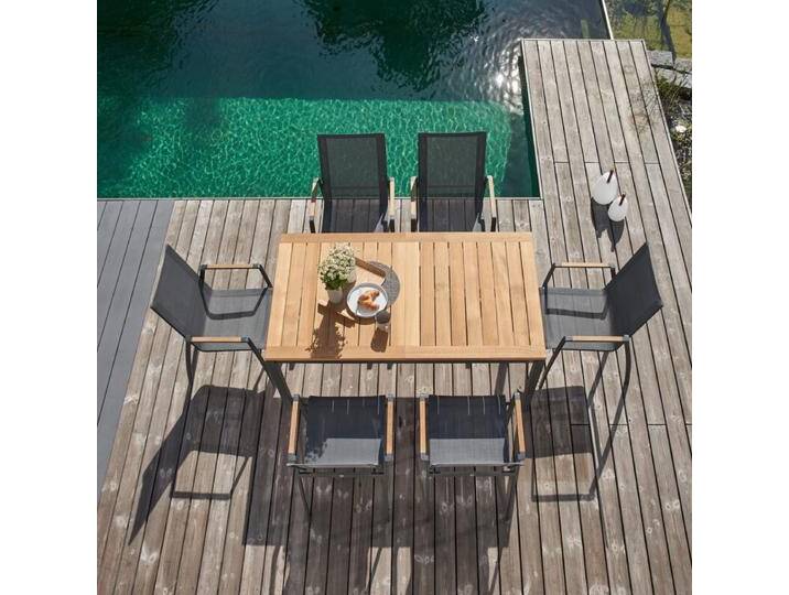 CASA DOMA Mineo/Ugento Gartenmöbel-Set mit Stapelstuhl anthrazit/Sunproof® und Ausziehtisch Teak, 7-teilig von gartenmoebel-company