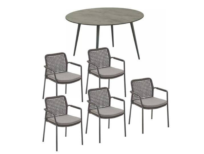 CASA DOMA Napola/Fasano Gartenmöbel-Set mit Tisch HPL Ø 130 cm und Rope-Stapelstuhl, 6-teilig - Gestelle anthrazit Rope anthrazit – Quadro Kissen medium grey von gartenmoebel-company