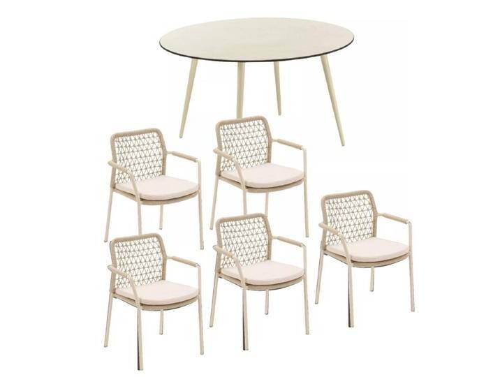 CASA DOMA Napola/Fasano Gartenmöbel-Set mit Tisch HPL Ø 130 cm und Rope-Stapelstuhl, 6-teilig - Gestelle cream Rope fossil – Knoten Kissen beige von gartenmoebel-company