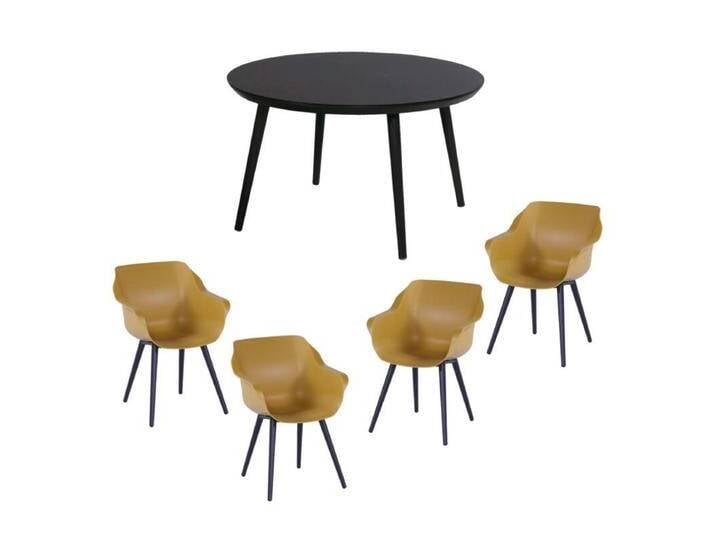 Hartman Gartenmöbel-Set mit 4x Gartenstuhl Sophie Studio und 1x Gartentisch Sophie Studio Ø 128 cm - Gestelle Alu carbon black Sitz Kunststoff curry yellow Tischplatte HPL black von gartenmoebel-company