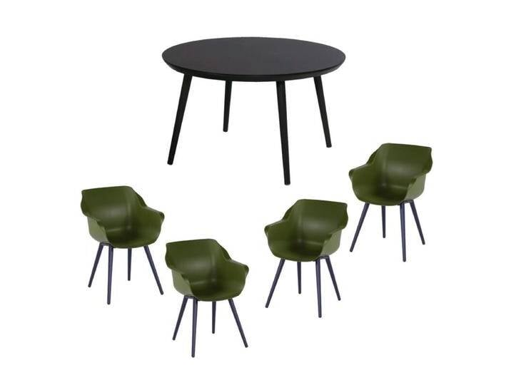 Hartman Gartenmöbel-Set mit 4x Gartenstuhl Sophie Studio und 1x Gartentisch Sophie Studio Ø 128 cm - Gestelle Alu carbon black Sitz Kunststoff moss green Tischplatte HPL black von gartenmoebel-company