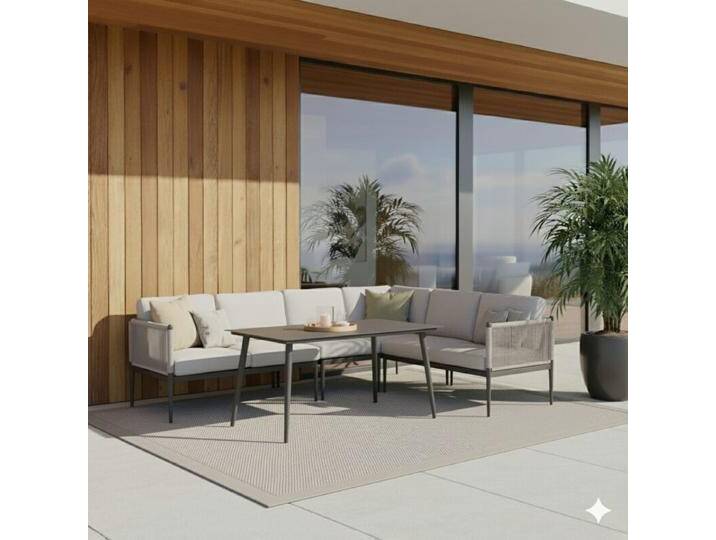 Liadomo Formello Dining-Loungeset, 5-teilig, verstellbar, Tisch 140×85 cm,Ecklounge zum Sitzen und Liegen, in hellgrauem Rope-Design, abnehmbare Bezüge,drehbar, verstellbare Sitzfläche,Modern Country von gartenmoebel-company