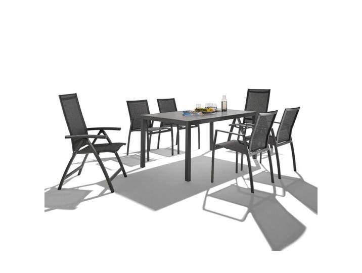 Liadomo Gartenmöbel-Set Scalea/Pellaro/Ricadi, Tischplatte Keramik, 7-teilig,Gartentisch rechteckig 160x90 cm, 4 Stapelstühle und 2 Klappsessel mit Textilgewebe, Aluminiumgestelle in anthrazit,klappbar, stapelbar,Geradlinig & pur von gartenmoebel-company