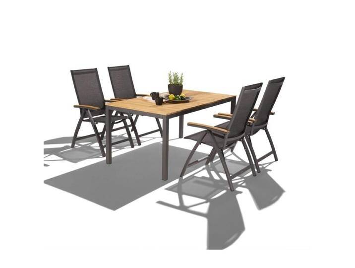 Liadomo Gartenmöbel-Set Scalea/Ricadi, Tischplatte Teak, 5-teilig,,Gartentisch 160x90 cm, 4 Gartenstühle mit Textilgwebe, Armlehnen Teakholz, Aluminiumgestelle in anthrazit,klappbar,Geradlinig & pur von gartenmoebel-company