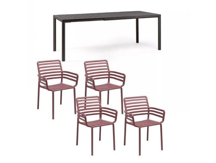 NARDI Doga/Tevere Gartenmöbel-Set mit Stapelstuhl und Ausziehtisch 147/211x90 cm, Aluminium/Kunststoff, 5-teilig - Gestell Alu anthrazit Sitz Kunststoff marsala,ausziehbar, stapelbar, Tischbein mit Höhenausgleich,Trendig & bunt von gartenmoebel-company