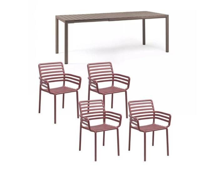 NARDI Doga/Tevere Gartenmöbel-Set mit Stapelstuhl und Ausziehtisch 147/211x90 cm, Aluminium/Kunststoff, 5-teilig - Gestell Alu taupe Sitz Kunststoff marsala,ausziehbar, stapelbar, Tischbein mit Höhenausgleich,Trendig & bunt von gartenmoebel-company