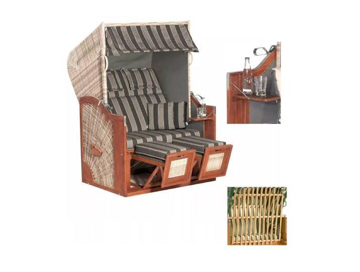 SunnySmart Rustikal 285 Z SUN Edition Strandkorb - Polyrattan grey-washed , Dessin 1175 , mit 2 klappbaren Seitentischen + Tierschutzgitter von gartenmoebel-company