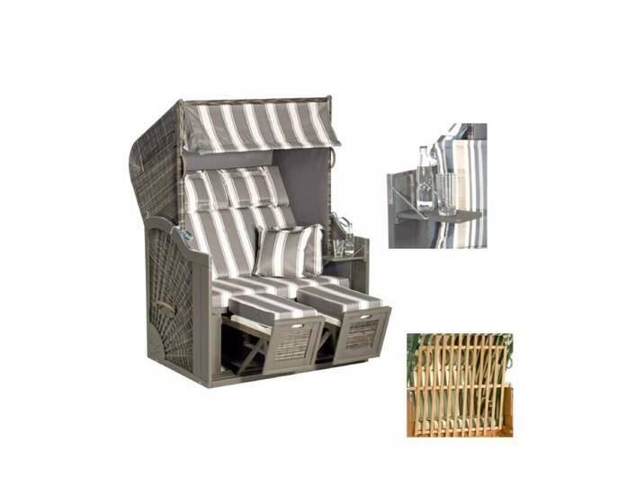 SunnySmart Rustikal 285 Z SUN Edition Strandkorb - Polyrattan vintage-anthrazit , Dessin 1214 , mit 2 klappbaren Seitentischen + Tierschutzgitter von gartenmoebel-company