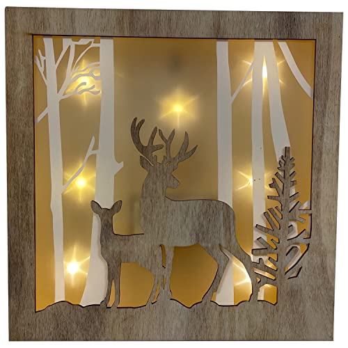 Wandbild mit 3D Hologramm Effekt Weihnachtsmotiv Winterwald, aus Holz, mit 7 LED warmweiss, Batteriebetrieb mit 6h Timerfunktion, Größe 26x26cm von gartenmoebel-einkauf