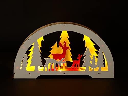 gartenmoebel-einkauf 3D Lichterbogen Kerzenbogen 45cm mit 10 LED warmweiss, Holz mit Winterwaldmotiv in natur, weiß und rot, Batteriebetrieb mit Timer 6h, Größe 45x25cm von gartenmoebel-einkauf