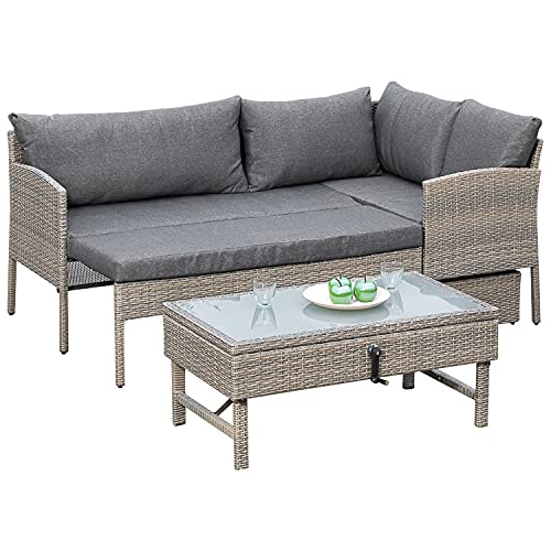 gartenmoebel-einkauf Balkon - Lounge Set Valletta, Stahl + Polyrattan graubeige, mit Liegefunktion, Polster grau, Innen und Außen von gartenmoebel-einkauf