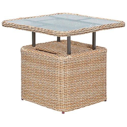 gartenmoebel-einkauf Loungetisch Veneto 72x72cm, Stahl + Polyrattan Natur, höhenverstellbar, Tischplatte Glas von gartenmoebel-einkauf