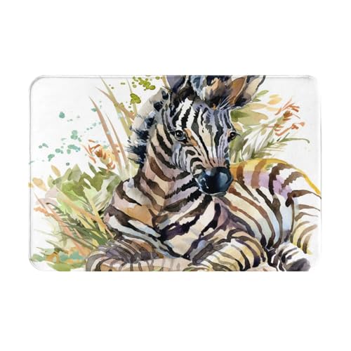 gawuoab Wild Animal Aquarell Schwarz Weiß Gestreifte Zebras mit Gras, 24"x16" rutschfeste waschbare Fußmatte für den Innenbereich, Vordertürmatte, Badezimmerteppiche von gawuoab