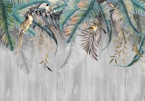 Fototapete 3d Effekt Tapete Tropische Pflanzen Blätter Vogel Natur Vintage 350x250cm Wandbilder Vliestapete Seiden Wand Deko Wohnzimmer/Schlafzimmer von gdkldfg