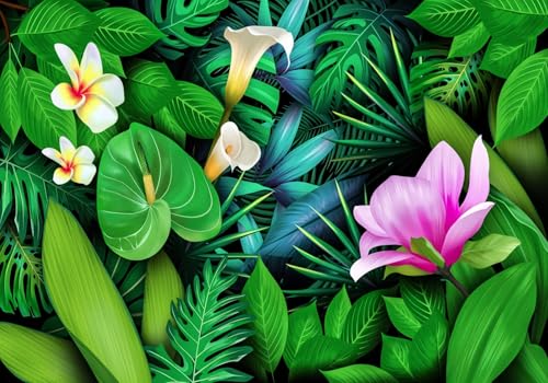 Tapete Deko 300x210cm Grün Tropisch Dschungel Blumen Naturlandschaft Vliestapete,Wanddeko Wohnzimmer/Schlafzimmer,Fototapete 3d Effekt,Wandbilder von gdkldfg