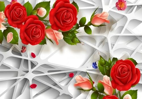 Tapete Deko 350x250cm Rot Blumen 3D Geometrisch Vliestapete,Wanddeko Wohnzimmer/Schlafzimmer,Fototapete 3d Effekt,Wandbilder von gdkldfg