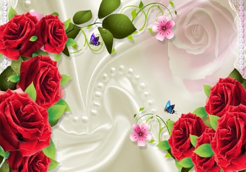 Tapete Deko 350x250cm Rot Blumen Schmetterlinge Natur Vliestapete,Wanddeko Wohnzimmer/Schlafzimmer,Fototapete 3d Effekt,Wandbilder von gdkldfg