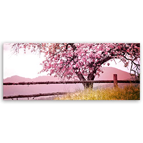 ge Bildet Bild auf Leinwand | Frühlingsbaum - Natur Baum Rosa Pink A in 100x40 cm als Panorama Wandbild | Wand-deko Dekoration Wohnung modern Bilder | 2206 von ge Bildet