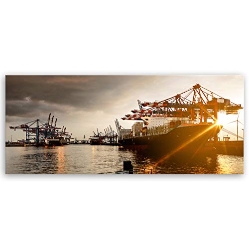 ge Bildet Bild auf Leinwand | Hamburger Hafen in 120x50 cm als Panorama Wandbild XXL | Wand-deko Dekoration Wohnung modern Bilder | 1247 von ge Bildet