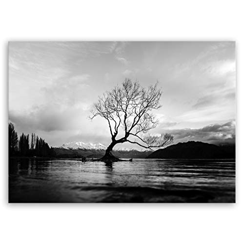 ge Bildet Bild auf Leinwand | The Wanaka Tree - Neuseeland - schwarz weiß in 70x50 cm als Wandbild | Wand-deko Dekoration Wohnung modern Bilder | 2287-B von ge Bildet