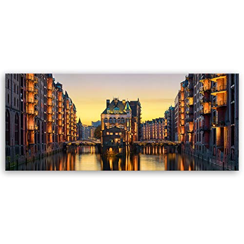 ge Bildet Bild auf Leinwand | Wasserschloss in der Speicherstadt - Hamburg D in 120x50 cm als Panorama Wandbild XXL | Wand-deko Dekoration Wohnung modern Bilder | 2211 von ge Bildet