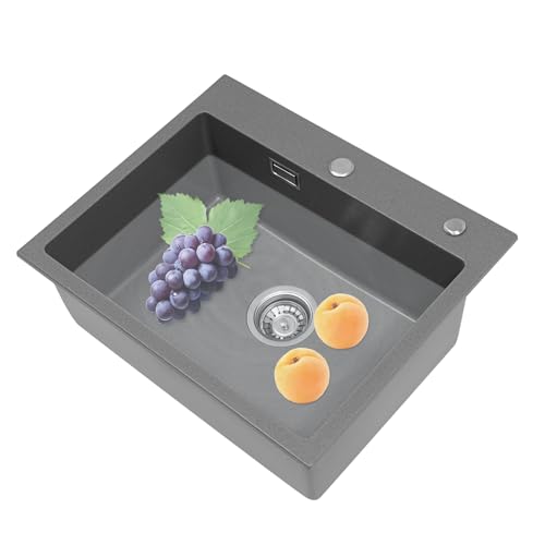 Küchenspüle aus Granit 55 × 45cm, Einbauspüle Einzelbecken mit Siphon Ab und Überlaufgarnitur, für Arbeitsplatten mit einer Länge von ≥ 60 cm (Grau) von gegeweeret