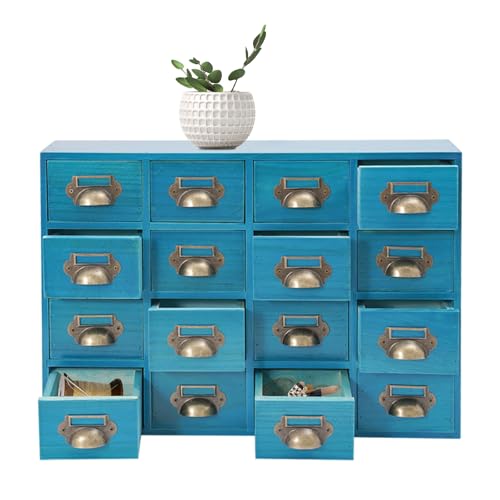 gegeweeret 16-Fächer Aufbewahrungsschrank aus Massivholz & Metall | 10kg Tragkraft, 35cm Höhe, Platzsparend | Vintage Design mit Griffen, Keine Montage | für Büro/Zuhause (Blau) von gegeweeret