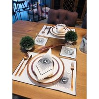 Augenmuster Stoff Tischsets - Dekoratives Weißes Leinen Tischset 2 4 6 8 Set Hochwertige Boho Tischwäsche 35 X 50 cm Gesticktes Auge von geliving