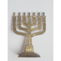 Lot Nr. 288 Vintage Messing Mit Installiertem Larimar Halbedelstein Jehudaica Menorah Israel Kerzenhalter Ritualkerze von gemcombination