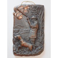 Lot Nr 809 Vintage Kupfer Wandbehang Bas Relief Plakette - Jäger Mit Hund Und Pistole von gemcombination