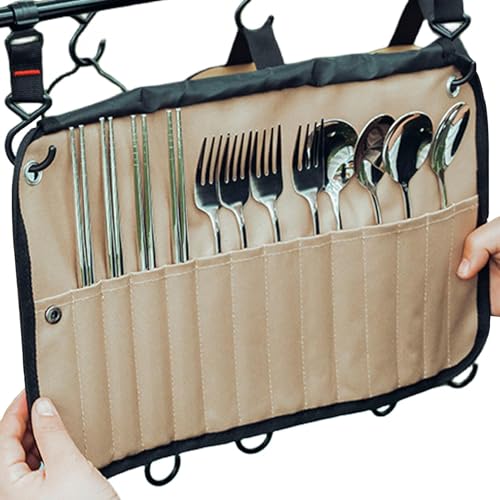 Aufrollbare Bestecktasche, Campingutensilien-Aufrolltasche | Aufrollbare Besteck-Aufbewahrungstasche mit 12 Fächern,Picknick-Besteck-Organizer-Tasche, Mehrzweck-Aufbewahrung für Gabeln, von generic