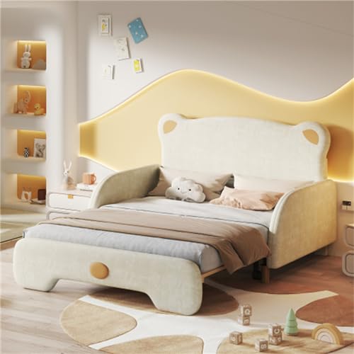 Ausziehbares Kinderbett in Form eines Bären Beige (140x110cm & 140x200cm) Ausziehbares Bett mit weicher Schutzhülle Lattenrost aus Holz für Jungen und Mädchen von generic
