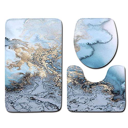 Badematten & Badteppiche Set 3 Teilig Schwarz Gold Mikrofaser Flauschige Marmor Muster Badezimmerteppich WC Vorleger mit Ausschnitt Waschbar rutschfeste Badvorleger Toilette Teppich (H, 3pc) von generic