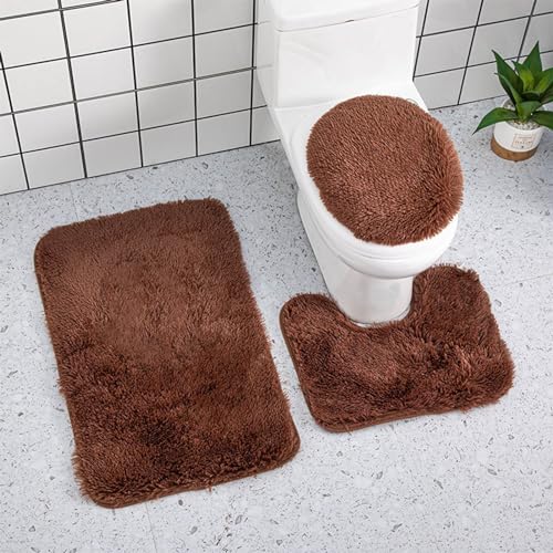 Badematten & Badteppiche Set 3 Teilig Schwarz Gold Mikrofaser Flauschige Marmor Muster Badezimmerteppich WC Vorleger mit Ausschnitt Waschbar rutschfeste Badvorleger Toilette Teppich (Kaffee, 3pc) von generic
