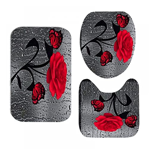 Badezimmer Badematte 3 Teilig Set Rose Flower Mädchen Mit Blumen Regentropfen Teppich Flanell Saugfähig Badteppiche Badvorleger Badgarnitur WC Vorleger von generic