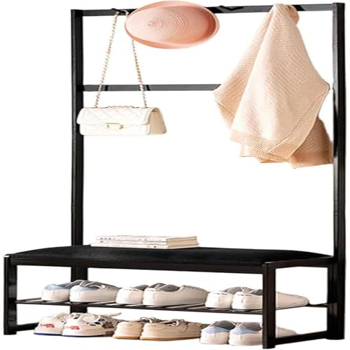 Bank mit robustem Garderobenständer Aufbewahrungsbank mit gepolsterter Sitzfläche mit Haken und 2-stufigem Schuhregal mit abnehmbarem Kissen Bambus für Flur Büro und Wohnzimmer (72 cm/Schwarz) von generic