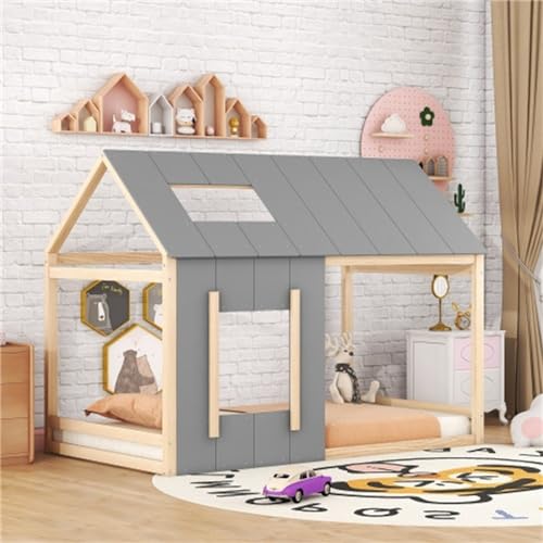 Kinderbett mit Fenster, Haustyp 90 * 200cm für Jungen und Mädchen Juniorbett mit Lattenrost Gästebett Bodenbett (Natur + Grau) von generic