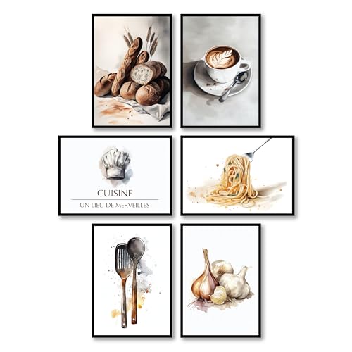 MJ-Graphics - 6er Poster Set Kaffee Brot Essen modern Küche & Esszimmer | 6x Din A4 | Küchendeko Wandbilder Wanddeko Bilder ohne Bilderrahmen von generic