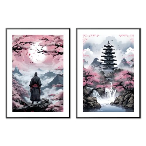 MJ-Graphics | Poster Set Japan Samurai Bushido Wohnzimmer & Schlafzimmer | 2x Din A2 300g Qualitätsdruck | Meditation Zen | Rosa-Blau Wanddeko ohne Rahmen von generic