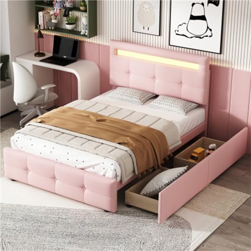 Polsterbett mit LED-Beleuchtung und Zwei Schubladen 90 * 200cm aus Leinen für Erwachsene, Jugendliche und Kinder Schlafzimmerbett Gästebett (Rosa) von generic