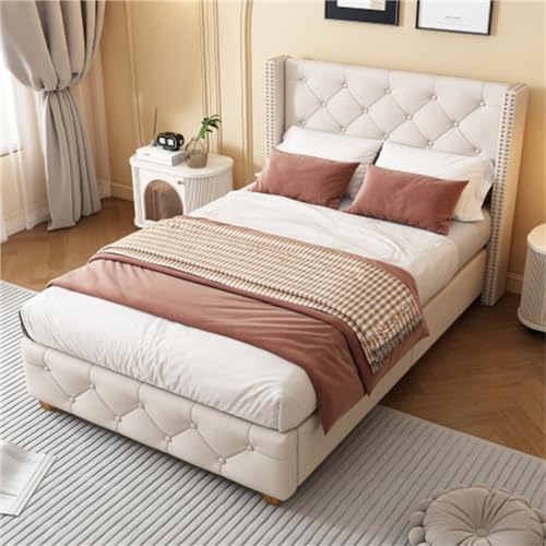 Polsterbett mit Nieten und Knöpfen Beige 90 * 200cm Leinen mit Lattenrost und Kopfteil Geeignet für Erwachsene und Jugendliche Schlafzimmerbett Gästebett ohne Matratze von generic