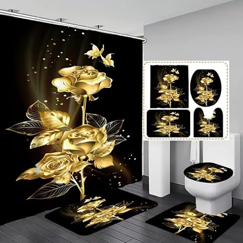 Rose Duschvorhang Badezimmermatte 4-teiliges Set Mit Rutschfesten Teppichen Toilettendeckelabdeckung Und Badematte Badezimmer-Dekor-Set (Großes vierteiliges Set,Blume1) von generic