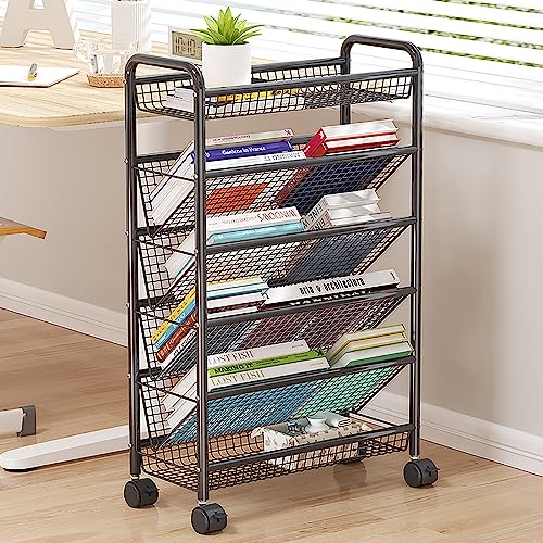 Schlanker Trolley, mobiler Bücherwagen-Organizer mit Rädern, kompakter Schreibtisch aus schwarzem Metall für Räume, ideal als Zeitschriftenständer und zur Präsentation von generic