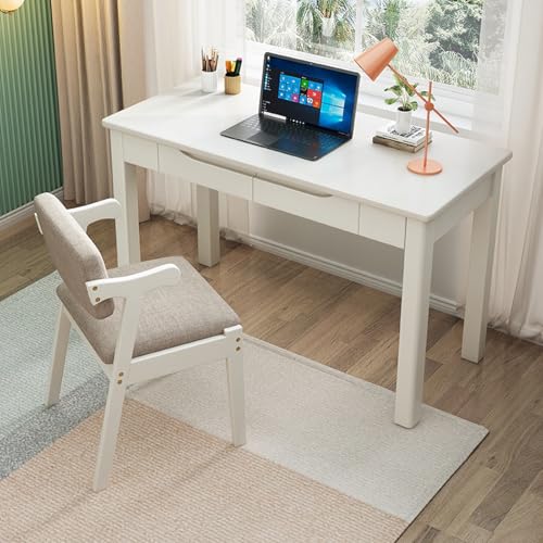 Schreibtisch aus 100% massivem Eichenholz – Kleiner Schreibtisch mit 2 Schubladen, moderner, Schlichter Home-Office-Schreibtisch, Computertisch (99,1 cm, weiß) von generic