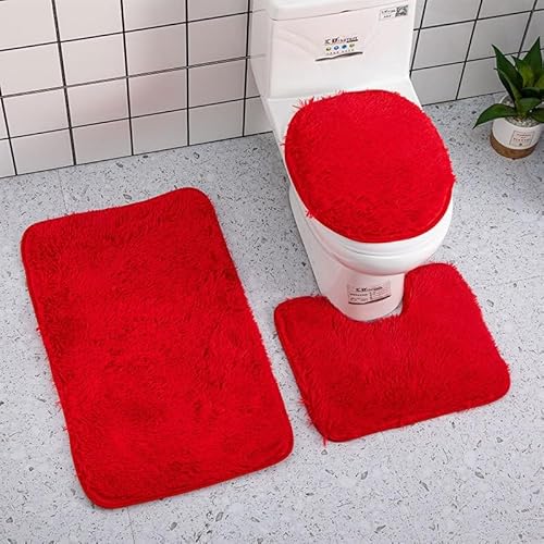 generic Badezimmer Badematte 3 Teilig Set Rose Flower Mädchen Mit Blumen Regentropfen Teppich Flanell Saugfähig Badteppiche Badvorleger Badgarnitur WC Vorleger (Rot-1, Einheitsgröße) von generic